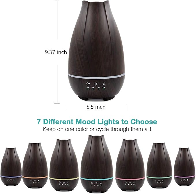 HealthSmart Essential Oil Diffuser, Cool Mist Humidifier and Aromatherapy Diffuser with 500ML Tank Ideal for Large Rooms, Adjustable Timer, Mist Mode and 7 LED Light Colors, Brown-BubblyBeeBaby