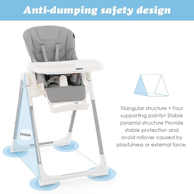 INFANS High Chair for Babies & Toddlers, Foldable Highchair with Multiple Adjustable Backrest Footrest Seat Height, Removable Tray, Detachable PU Leather Cushion, Built-in Rear Wheels (Light Grey)-BubblyBeeBaby