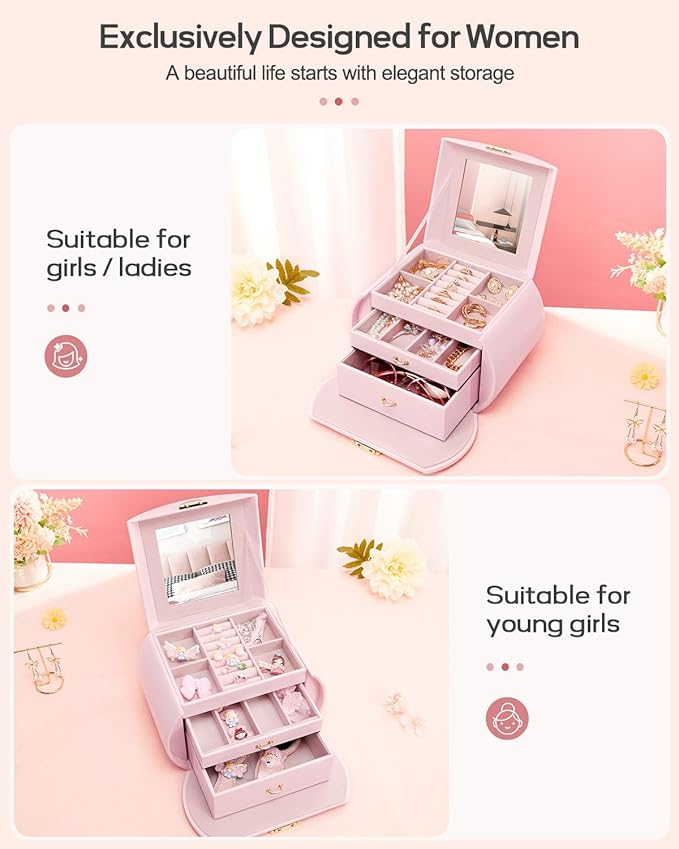 Homde Girls Jewelry Box Jewelry Storage Case Organizer with Mirror for Rings, Earrings, Bracelets, Necklaces (Light Pink + Gold)-BubblyBeeBaby