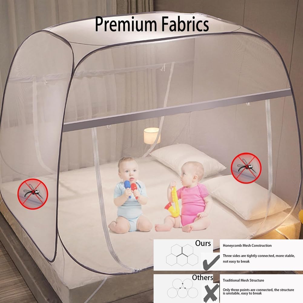 Pop-Up Mosquito Net Tent for Beds Portable Folding Canopy with Net Bottom, Fits Twin to King Size 79x71x59inch, Easy Install Wash for Baby Adults, Indoor Outdoor Use (Gray-King Bed)