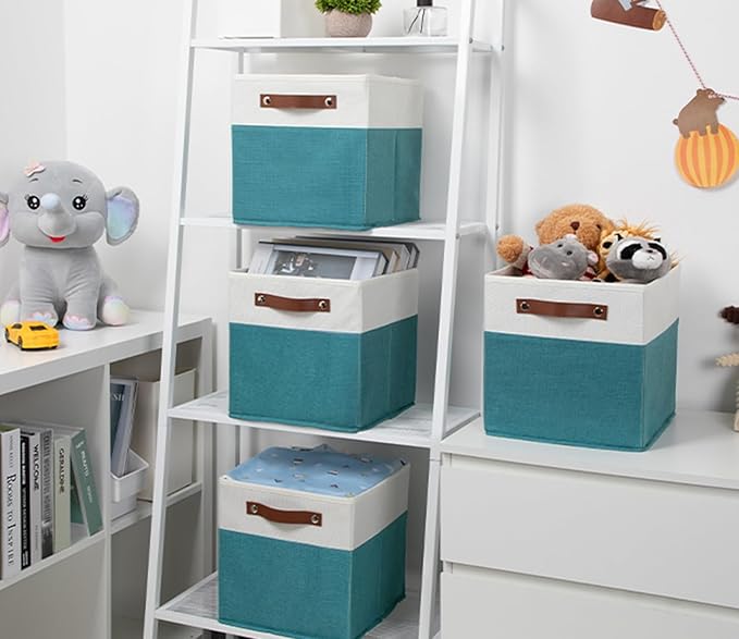 HNZIGE Fabric Storage Cube Bins Baskets for Organizing, 11 inch Cube Storage Bins, Set of 4, Collapsible Storage Bin with Handles, Closet Organizers and Storage Home Toy Nursery Bedroom(White Teal)-BubblyBeeBaby
