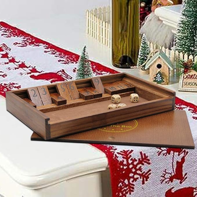 Juegoal Shut The Box Wooden Board Dice Game with 12 Numbers and Lid for Kids Adults Families, 2 Players and Up-BubblyBeeBaby