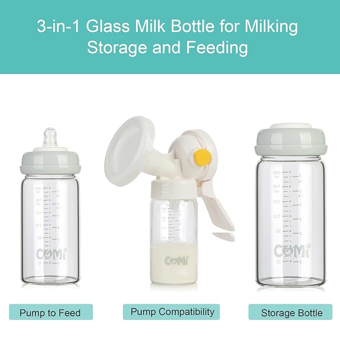 COMI Wide Neck Glass Breastmilk Collection n Storage Bottle, 8oz with Screw Ring Sealing Disk; Re-markable Sealing Disc. BPA Free, Fits Breast Pumps & Nipples (6 Gray Lids)-BubblyBeeBaby