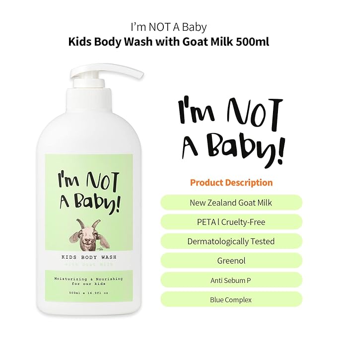 I'm NOT A Baby! Kids Body Wash– Dermatologist Tested, Allergen free, Cruelty-free, PETA, Gentle for Kids, Goat Milk, 16.9 Fl Oz-BubblyBeeBaby