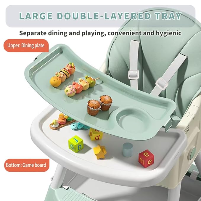 High Chairs for Babies and Toddlers, 4 in 1 Convertible Baby High Chair, Portable High Chair for Travel with Adjustable Height and Back, Foldable HighChair with Wheels& Pu Cushion (Green)-BubblyBeeBaby