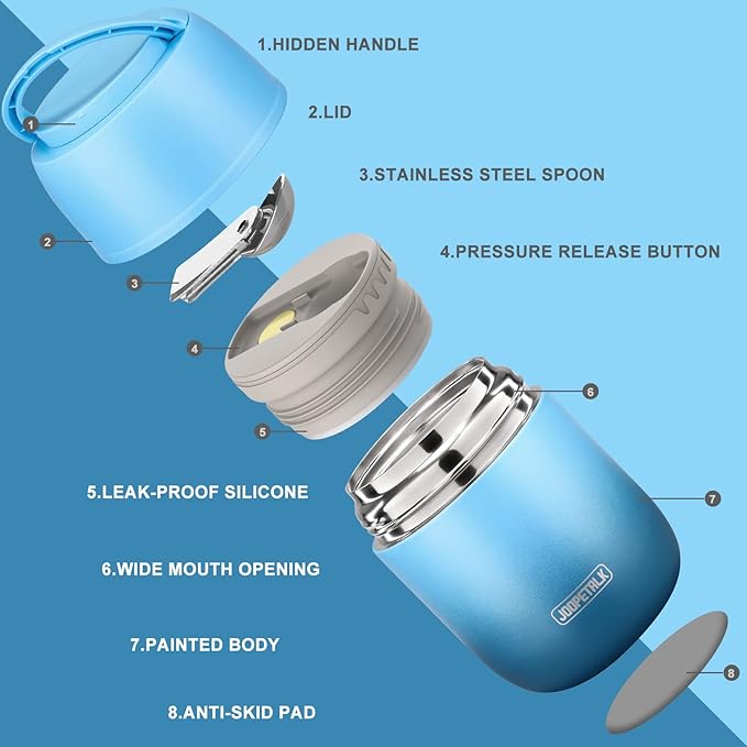 17 oz Insulated Lunch Containers, Hot Food Jar, Wide Mouth, Vacuum Stainless Steel Thermo Lunch Box with Handle and Folding Spoon, Blue-BubblyBeeBaby