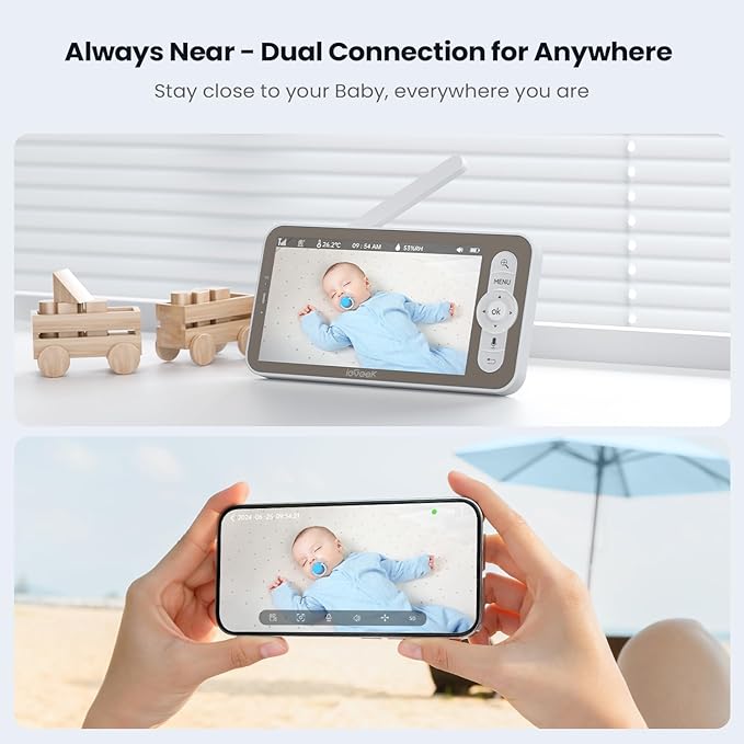 ieGeek Baby Monitor with 2K Camera and Audio - Video Monitor with 5" Screen - Night Vision, Two-Way Talk, Cry & Motion Detection, Temper& Humidity Sensor, PTZ, Remote Control via Screen and Free APP-BubblyBeeBaby