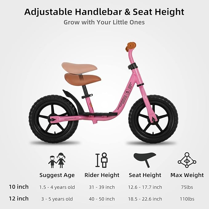 JOYSTAR 10"/12" Toddler Balance Bike for Girls & Boys, Ages 18 Months to 5 Years, Kids Push Bike with Footrest & Adjustable Seat Height, First Birthday Gifts for 2-5 Boys Girls-BubblyBeeBaby