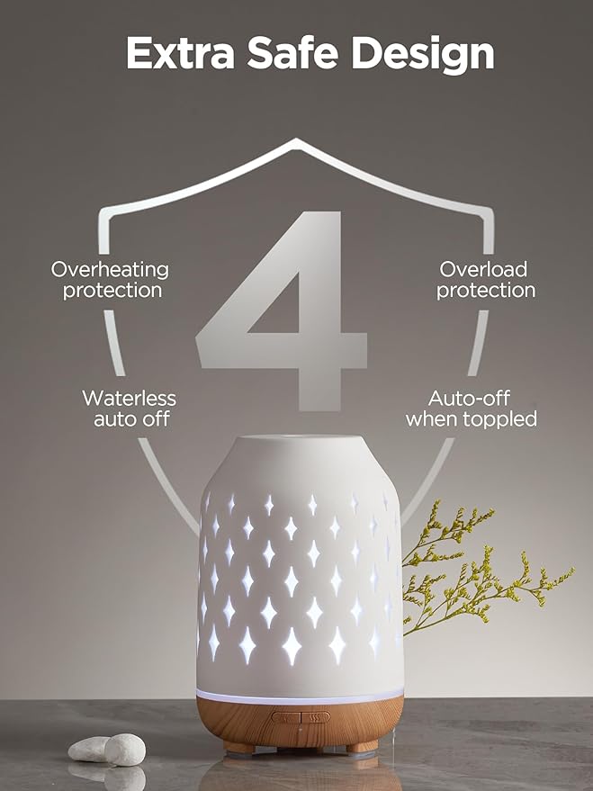 InnoGear Aromatherapy Diffuser, 150ml Ceramic Diffuser Ultrasonic Humidifier Cool Mist Essential Oil Diffusers for Home Air Diffuser with 2 Mist Modes Waterless Auto Off, White-BubblyBeeBaby