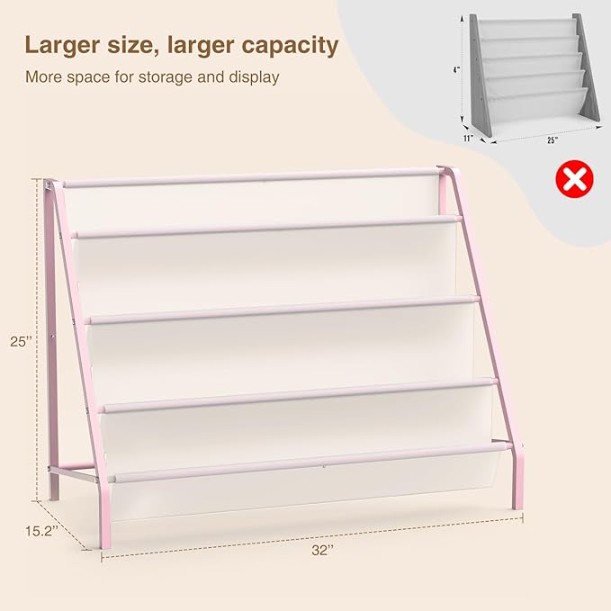 High-Transparent 4 Tier Kids Bookshelf, Sturdy Metal Large Size Book Rack Storage for Kids - Toddler Book Shelf Display for Nurasery, Playroom or Kids Room, Bookshelf Hold More Books - Pink-BubblyBeeBaby