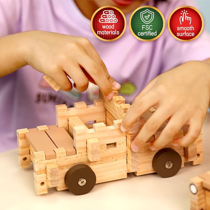 Jovi-mindly＆Notchies Wooden Blocks Train Set 101 PCS Create 40+ Shapes,Toys Educational Wooden Building Blocks Puzzles for Kids Ages 5-8 Boys and Girls,Truck/Excavator,FSC Certified,Graduate Gifts-BubblyBeeBaby