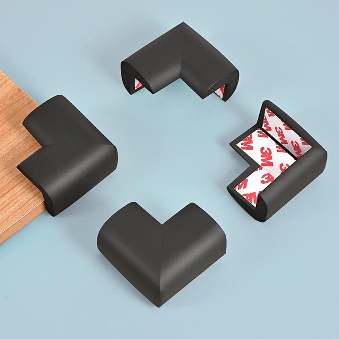 12 Pack Soft Corner Protector Baby Proofing Edge and Corner Guards, Safety Pre-Taped Rubber Foam Furniture Bumper for Fireplace, Table, Stair, Cabinet (Black)-BubblyBeeBaby