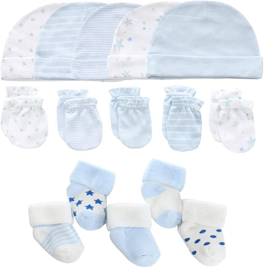 Newborn Baby Boy Girl Caps Mittens Socks Set Cotton Baby Essentials Accessories (Hats+Gloves+Socks)-BubblyBeeBaby