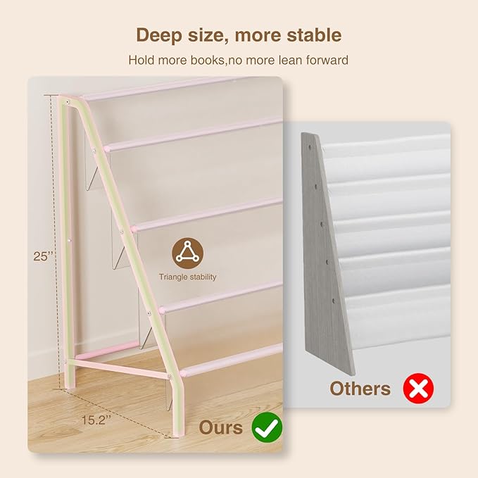 High-Transparent 4 Tier Kids Bookshelf, Sturdy Metal Large Size Book Rack Storage for Kids - Toddler Book Shelf Display for Nurasery, Playroom or Kids Room, Bookshelf Hold More Books - Pink-BubblyBeeBaby