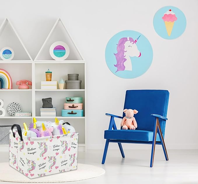 HIYAGON Rectangular Unicorn Basket Gift Baskets Empty Cute Storage Bin with Handles Nursery Room Decor(Unicorn)-BubblyBeeBaby
