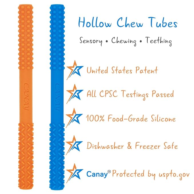 Hollow Chew Tubes Sensory Chew Toys for Autistic Children(2 Pack), Alt. to Chew Necklaces for Sensory Kids, Teething, Oral Motor Stimulation, ADHD, SPD - Teether Toys-BubblyBeeBaby