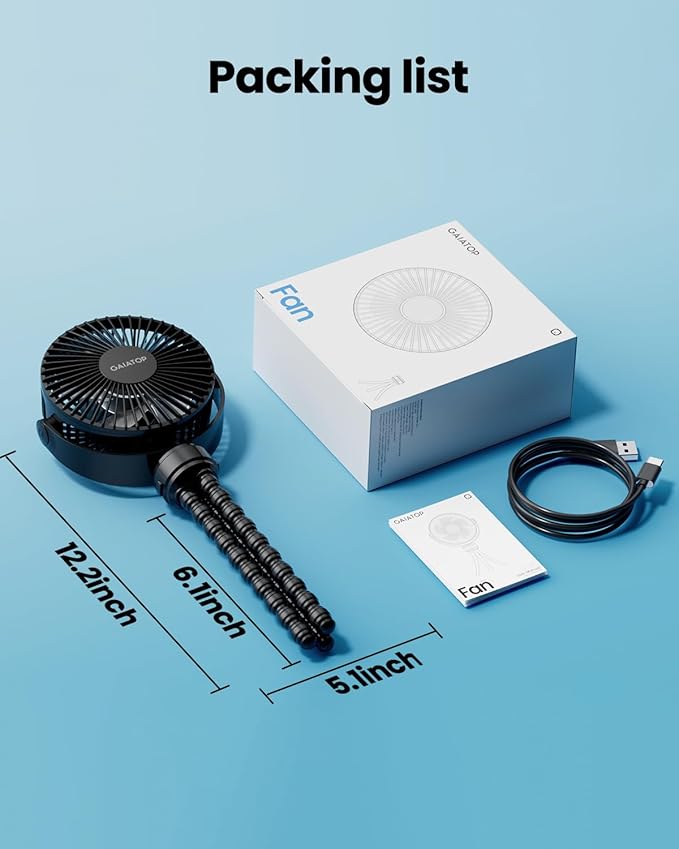 Gaiatop Mini Portable Stroller Fan, Battery Operated Small Clip on, Detachable 3 Speed Rechargeable, 360° Rotate Flexible Tripod Better Cooling for Car Seat Crib Treadmill Travel Black-BubblyBeeBaby