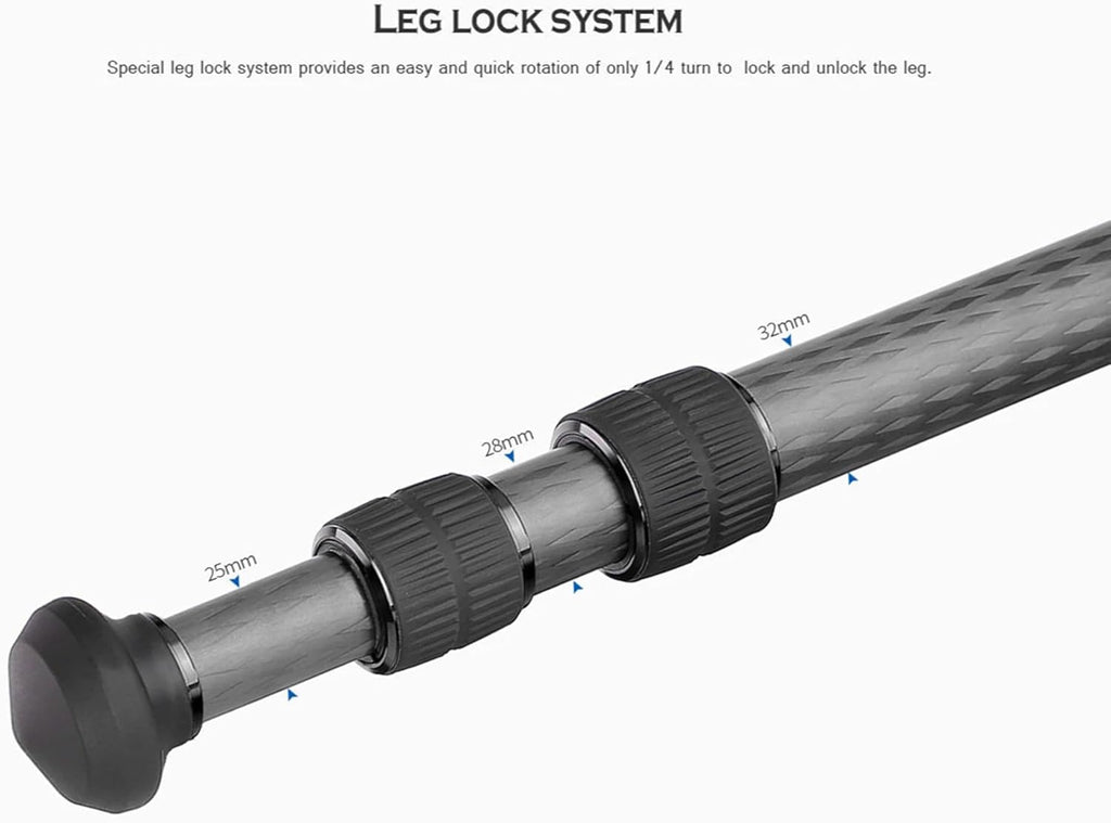 Leofoto 59.8" Lightweight Carbon Fiber Travel Tripod, Professional Compact Tripod for Camera DSLR Video, Max Load 44Lbs/20KG (LS-323CX)