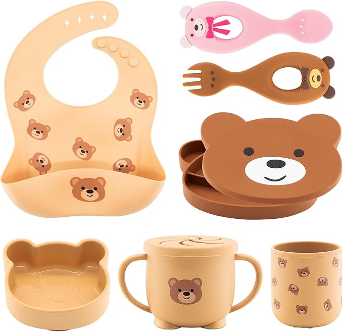 Silicone Baby Feeding Set 7 Pcs, Baby Led Weaning Supplies, Baby Feeding Supplies Set BPA Free, Baby Essentials for Newborn Gift Bear-BubblyBeeBaby