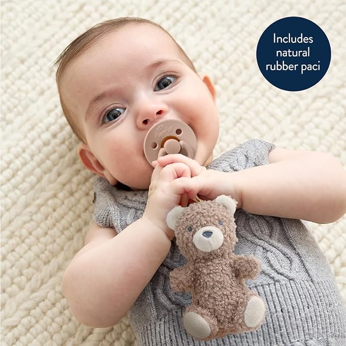 Itzy Ritzy Pacifier & Lovey Set - Natural Rubber Paci with Stuffed Animal Lovey - Detachable Plush Bear Pacifier Holder & Coordinating Natural Rubber Soother, Ideal for Ages 0-6 Months (Bear)-BubblyBeeBaby