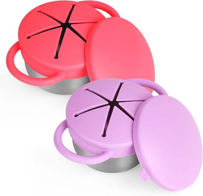 2 Pack Snack Cups for Toddlers Spill Proof - Detachable Stainless Steel Toddler Snack Cups with Silicone Lids & Handles - Dishwasher Safe Baby Snack Containers for Mess-Free Snacking (Red and Purple)-BubblyBeeBaby
