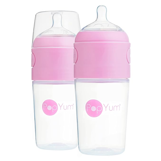 PopYum 9 oz Pink Anti-Colic Formula Making/Mixing/Dispenser Baby Bottles, 2-Pack with #2 Medium Flow Nipples, 260 ml, BPA-Free, Natural Latch-BubblyBeeBaby