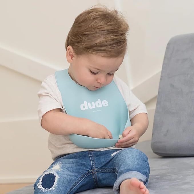 Baby Bib for Eating by Bella Tunno, Set of 2 Waterproof Silicone Bibs with Large Food Catcher, Adjustable Fit for Babies 4-12 months & Toddlers 1-3 Years, Boys & Girls, Dude & Mr Nice Guy-BubblyBeeBaby