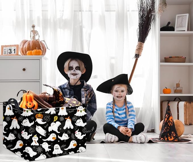 HIYAGON Rectangular Halloween Basket for Boys and Girls Kids Trick or Treat Pumpkin Basket for Halloween Parties Cute Storage Bin Organizer Box Room Decor(Black ghost)-BubblyBeeBaby