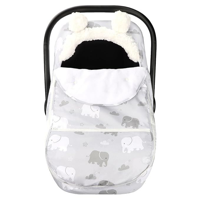 Carseat Cover Boys, Winter Cozy & Warm Cover, Elephant Baby Car Seat Cover, Infant Car Seat Canopy, Ultra-Soft Breathable Protect Baby from Cold Wind, Zipped Removable Design-BubblyBeeBaby