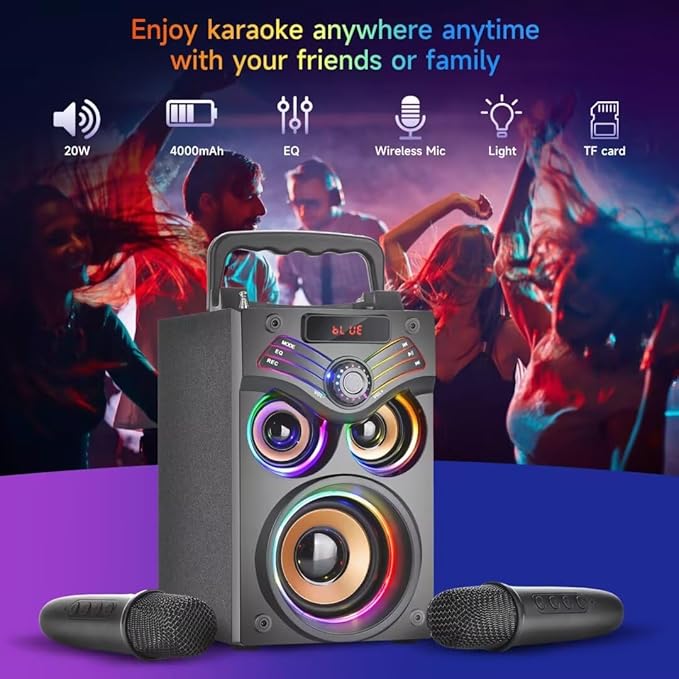 Karaoke Machine,Portable Bluetooth Karaoke Speaker with 2 Wireless Microphone for Adults Kids,with 20W(Peak) Speaker,Handle &RGB Lights,Supports TF Card/USB/Aux in/TWS,for Home,Party-BubblyBeeBaby