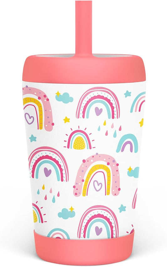 Kid Insulated Stainless Steel Tumbler with Silicone Straw, 12oz Sippy Cup for Kids (Sweet Rainbows)-BubblyBeeBaby