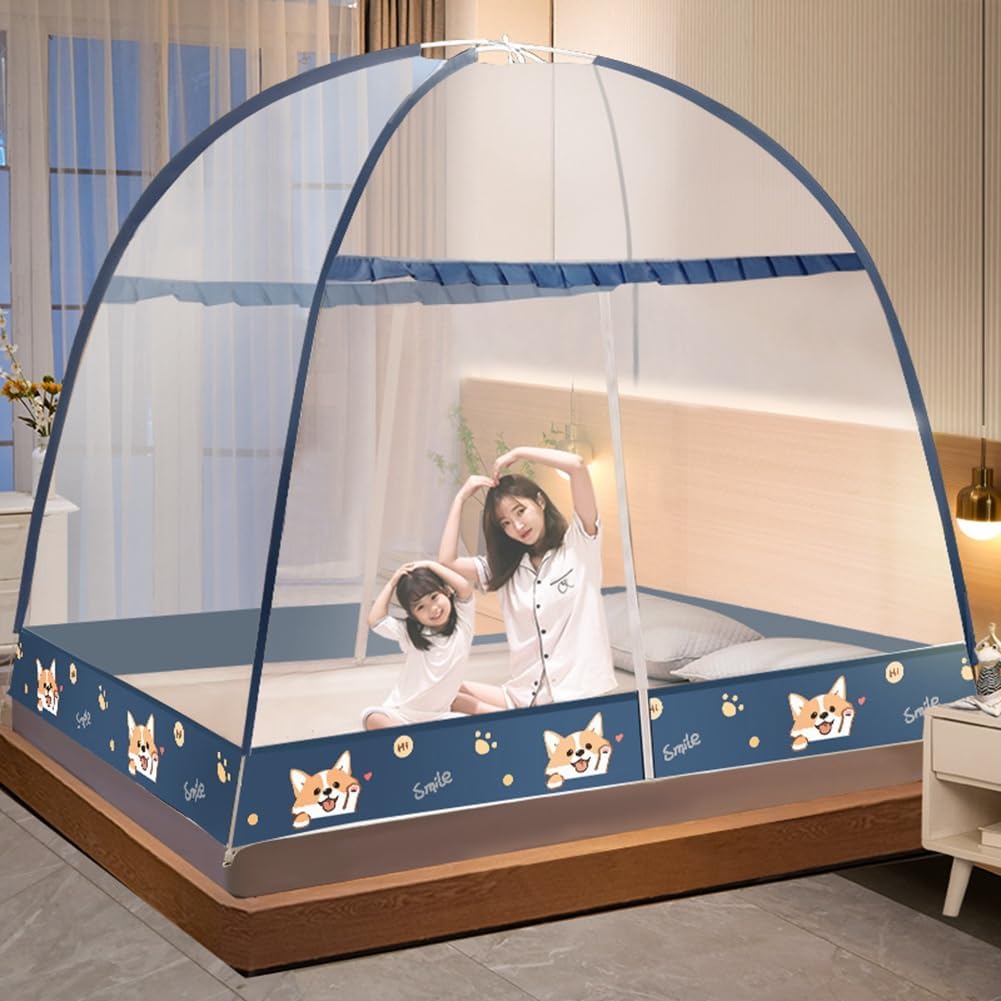 Pop-Up Mosquito Net Tent for Beds Portable Folding Canopy with Net Bottom, Fits Twin to King Size 79x71x59inch, Easy Install Wash for Baby Adults, Indoor Outdoor Use (Navy Blue-King Bed)