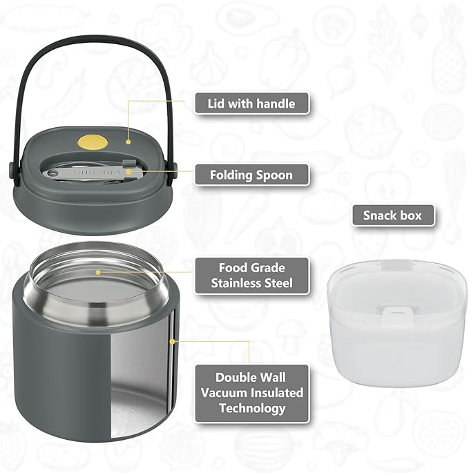 2 - in - 1 Soup Thermo for Hot Food 14oz with Snack Box Container Leak Proof Insulated Lunch Container Kids and Adults Stainless Steel Double Wall Vacuum Wide-mouth Thermal with Spoon and Handle-BubblyBeeBaby