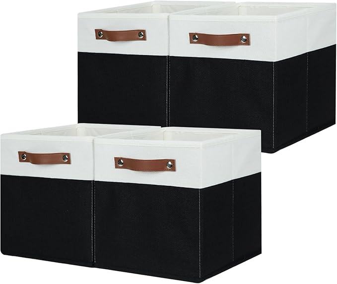 HNZIGE Cubes Storage Bins Set of 4,11 x 11 Fabric Storage Cube Baskets for Storage,Decorative Storage Bins for Shelves with Handles,Closet Clothes Baskets for Organizing Home(Black White)-BubblyBeeBaby