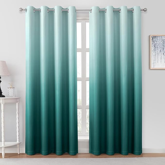 HOMEIDEAS Teal Ombre Blackout Curtains 52 X 84 Inch Length Gradient Room Darkening Thermal Insulated Energy Saving Grommet 2 Panels Window Drapes for Living Room, Bedroom-BubblyBeeBaby