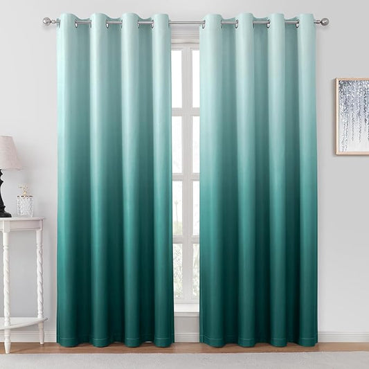 HOMEIDEAS Teal Ombre Blackout Curtains 52 X 84 Inch Length Gradient Room Darkening Thermal Insulated Energy Saving Grommet 2 Panels Window Drapes for Living Room, Bedroom-BubblyBeeBaby