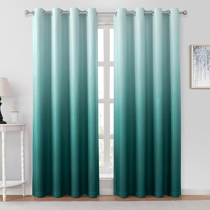 HOMEIDEAS Teal Ombre Blackout Curtains 52 X 96 Inch Length Gradient Room Darkening Thermal Insulated Energy Saving Grommet 2 Panels Window Drapes for Living Room, Bedroom-BubblyBeeBaby