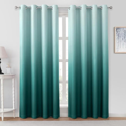 HOMEIDEAS Teal Ombre Blackout Curtains 52 X 96 Inch Length Gradient Room Darkening Thermal Insulated Energy Saving Grommet 2 Panels Window Drapes for Living Room, Bedroom-BubblyBeeBaby