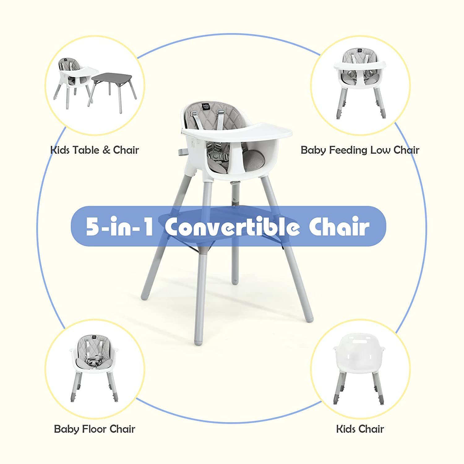 BABY JOY High Chair, 5 in 1 Convertible Highchair for Babies & Toddlers | Booster Seat | Table and Chair Set | Infant Feeding Chair with Removable Tray, Safety Harness, Removable Cushion (Gray)