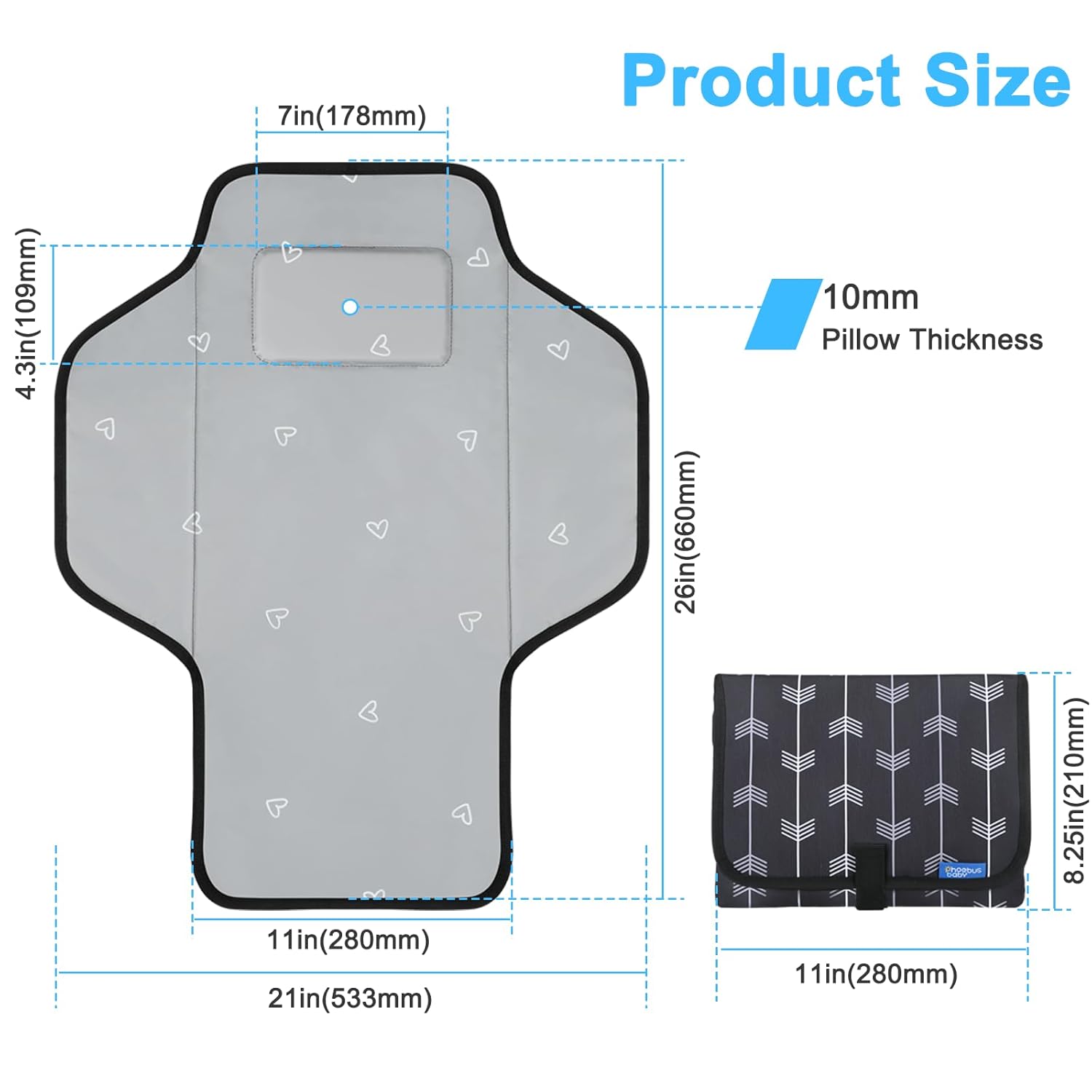 Baby Portable Changing Pad Travel - Waterproof Compact Diaper Changing Mat with Built-in Pillow - Lightweight & Foldable Changing Station, Newborn Shower Gifts