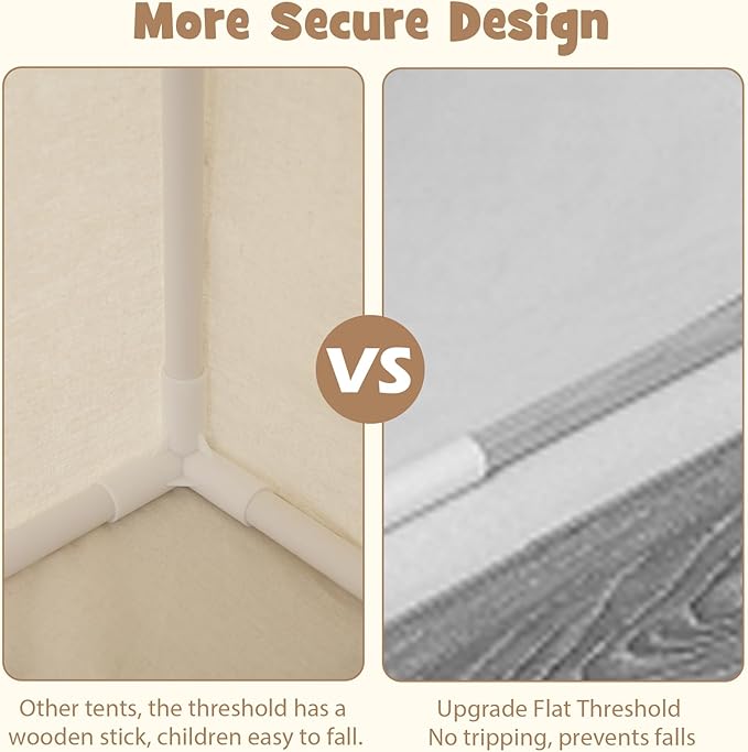 INFANS Kids Play Tent with Washable Mat Star Light Windows, Anti-Trip Large Playhouse Toys for Children Boys Girls, Indoor Outdoor Princess Tents Castle for Toddlers (Black- Wide Door)-BubblyBeeBaby