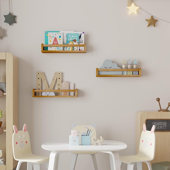 Heimlove Nursery Floating Shelves, Nursery Book Shelves for Wall, 16 inch Wall Bookshelf for Kids Solid Wood Wall Mounted Shelves for Books,Toys and Decor Storage, Set of 2-BubblyBeeBaby
