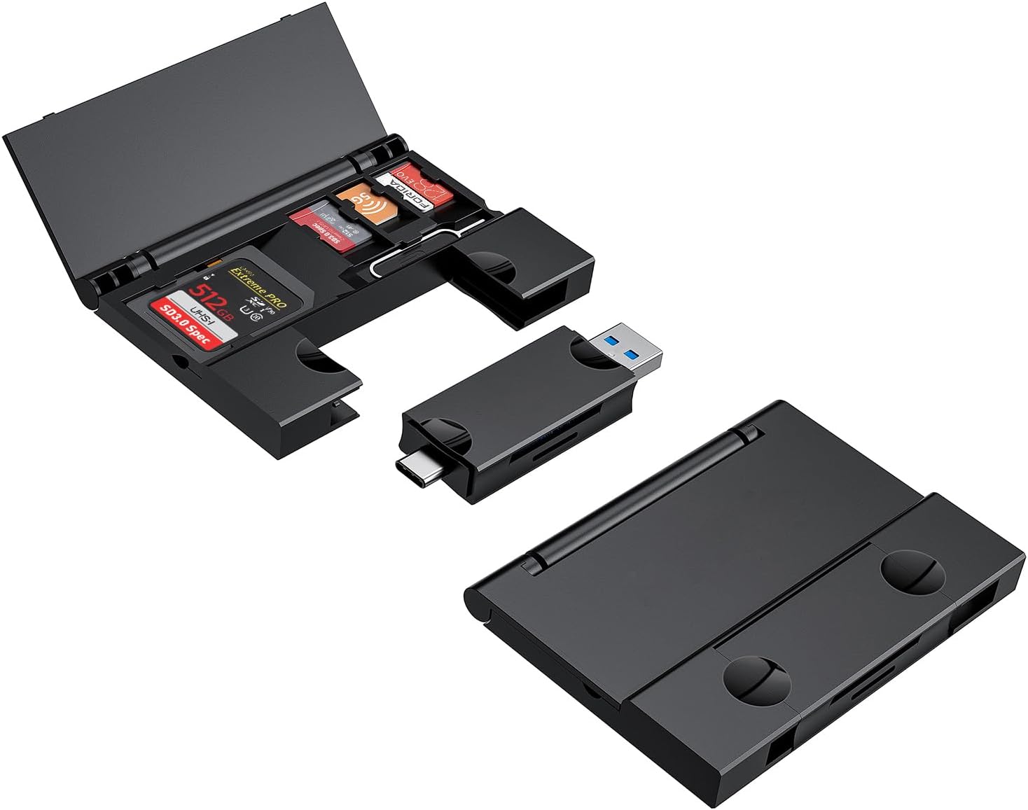 RayCue Multi-Function Card Reader Storage Box, USB3.0 High Speed Mobile Phone Memory/TF Card/SD Card/SIM Card/Card Pin Type-c Storage Box, for Type-c Laptop, iPhone, etc, Black