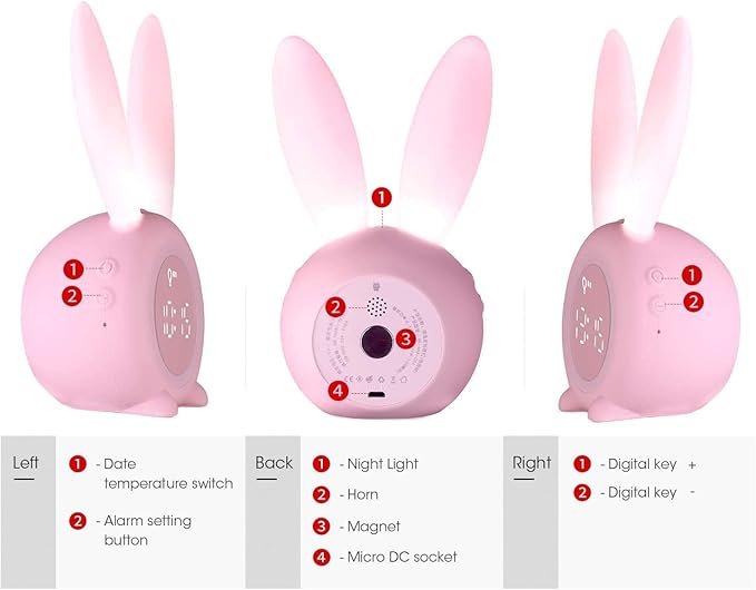 KDtech Kids Alarm Clock with Night Light 6 Ringtones, Cute Pink Bunny Digital Alarm Clock for Kids, Touch Control and Rechargeable Sleep Trainer Clock for Boys Girls Bedroom-BubblyBeeBaby