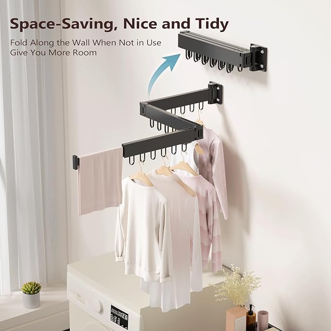 JAUREE Clothes Drying Rack Wall Mounted, Laundry Drying Rack Collapsible, Space Saving Wall Drying Rack Clothing Foldable, Tri-Fold Retractable Rack Outdoor Indoor with 18 Hooks, Black-BubblyBeeBaby