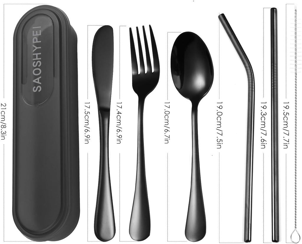 Portable Utensils Set with Case, 4pcs Stainless Steel Reusable Silverware for Lunch Camping School Picnic Workplace Travel, Lunch Box Includ Fork Spoon Knife,Easy to clean,Dishwasher Safe (grey)