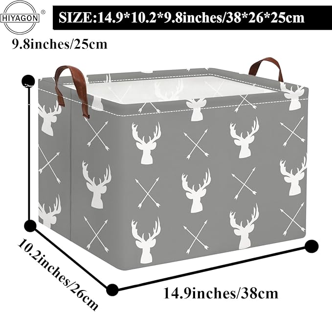 HIYAGON Baby Basket Cute Toy Bin for Boys and Girls Kids Storage Bin Organizer Box Gift Basket Empty Rectangular Deer Room Decor for Home(Grey deers)-BubblyBeeBaby