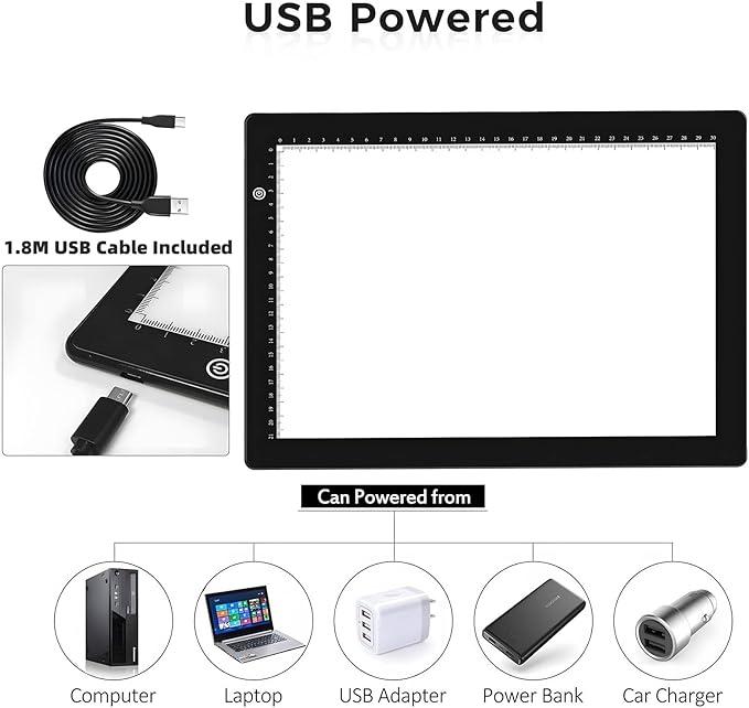 HIUKCOLED A4 Light Tracing Box with 4 Pcs Clips, Stepless Adjustable Brightness Ultra-Thin Light Pad, USB Powered LED Light Board for Drawing,Diamond Painting,Sketching,Animation,X-Ray,Sand Painting-BubblyBeeBaby