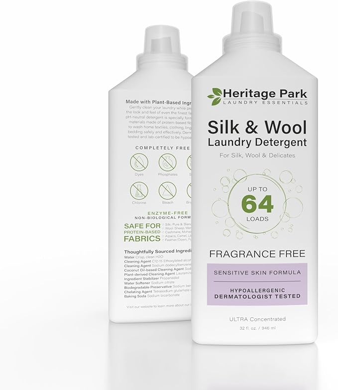 Heritage Park Silk & Wool Fragrance Free, Hypoallergenic, pH-Neutral Laundry Detergent – Dermatologist-tested, Sensitive Skin-Friendly, Enzyme-Free, Concentrated Up to 64 loads (32 fl oz)-BubblyBeeBaby