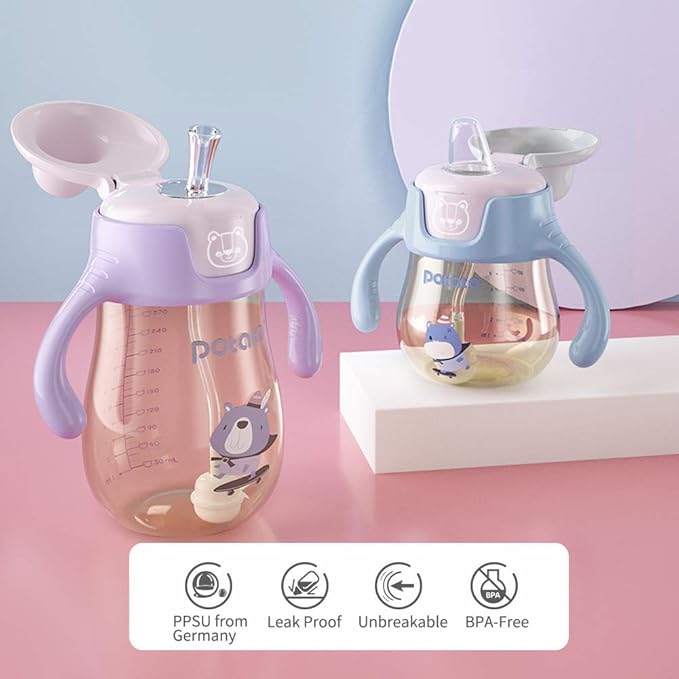 POTATO Sippy Cups For Toddlers with Straw Spill Proof, PPSU Learner Cup with Handle for Boy, Water Bottle for Baby 6 Months with 2 Type of Spout, 6 Ounce Blue-BubblyBeeBaby